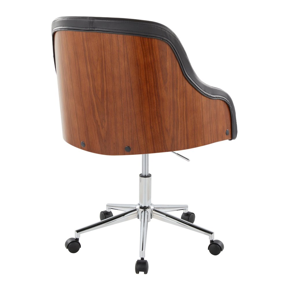 Bacci Office Chair in Chrome Metal, Walnut Wood, Black PU color
