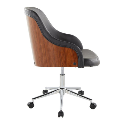Bacci Office Chair in Chrome Metal, Walnut Wood, Black PU color