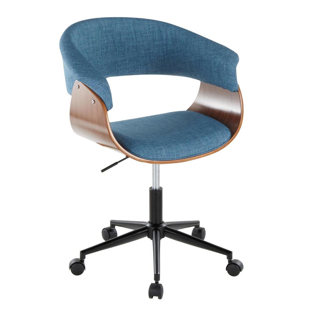 Black Metal, Walnut Wood, Blue Fabric Vintage Mod Office Chair