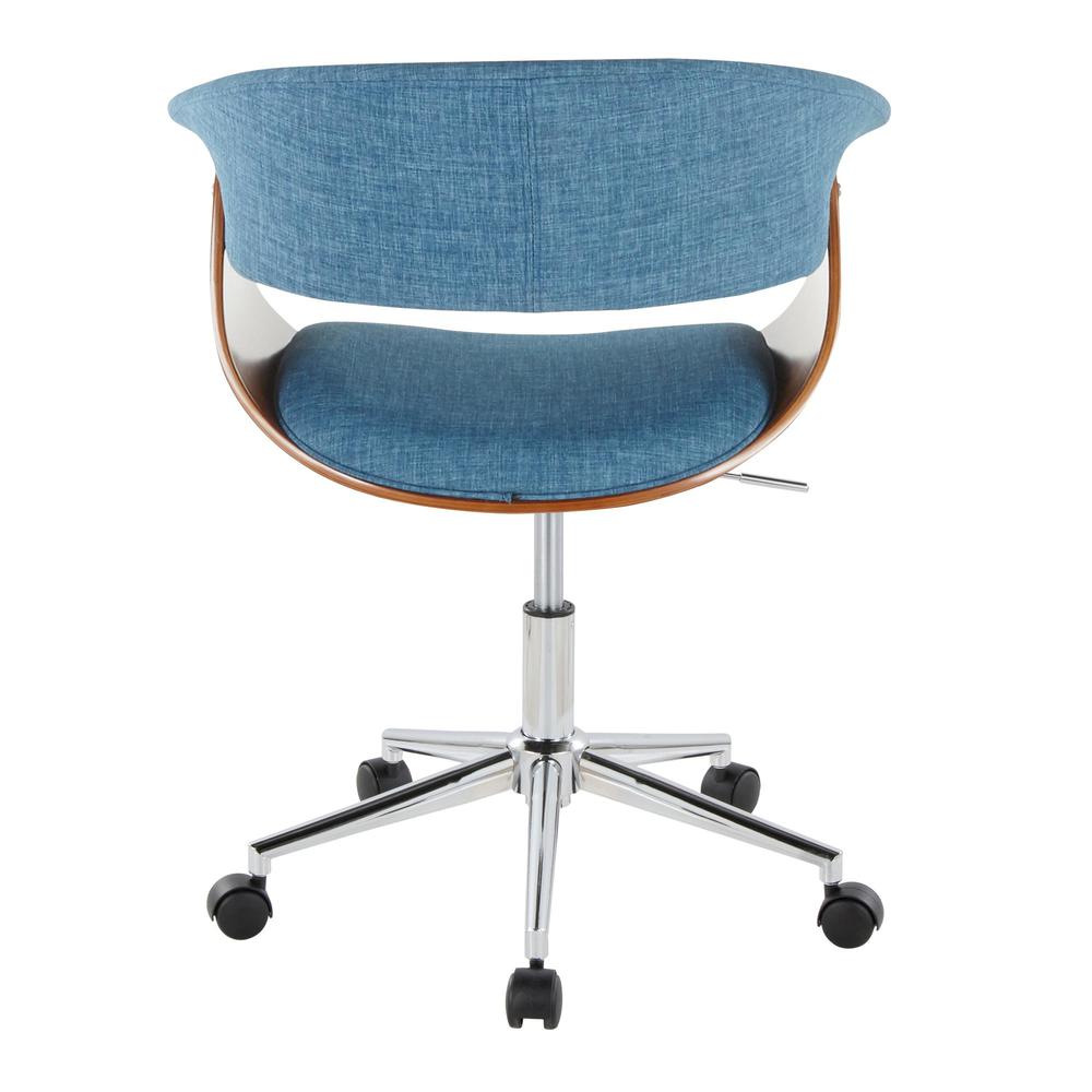 Chrome Metal, Walnut Wood, Blue Fabric Vintage Mod Office Chair