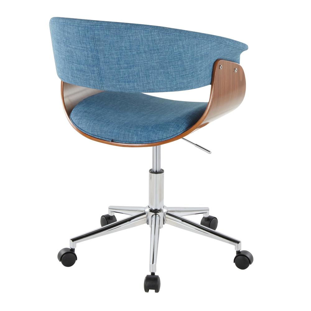 Chrome Metal, Walnut Wood, Blue Fabric Vintage Mod Office Chair
