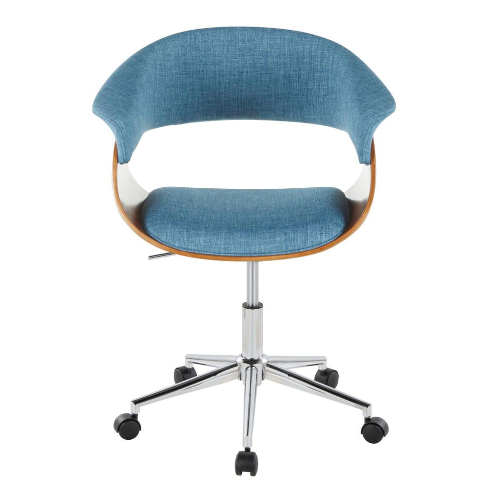 Chrome Metal, Walnut Wood, Blue Fabric Vintage Mod Office Chair