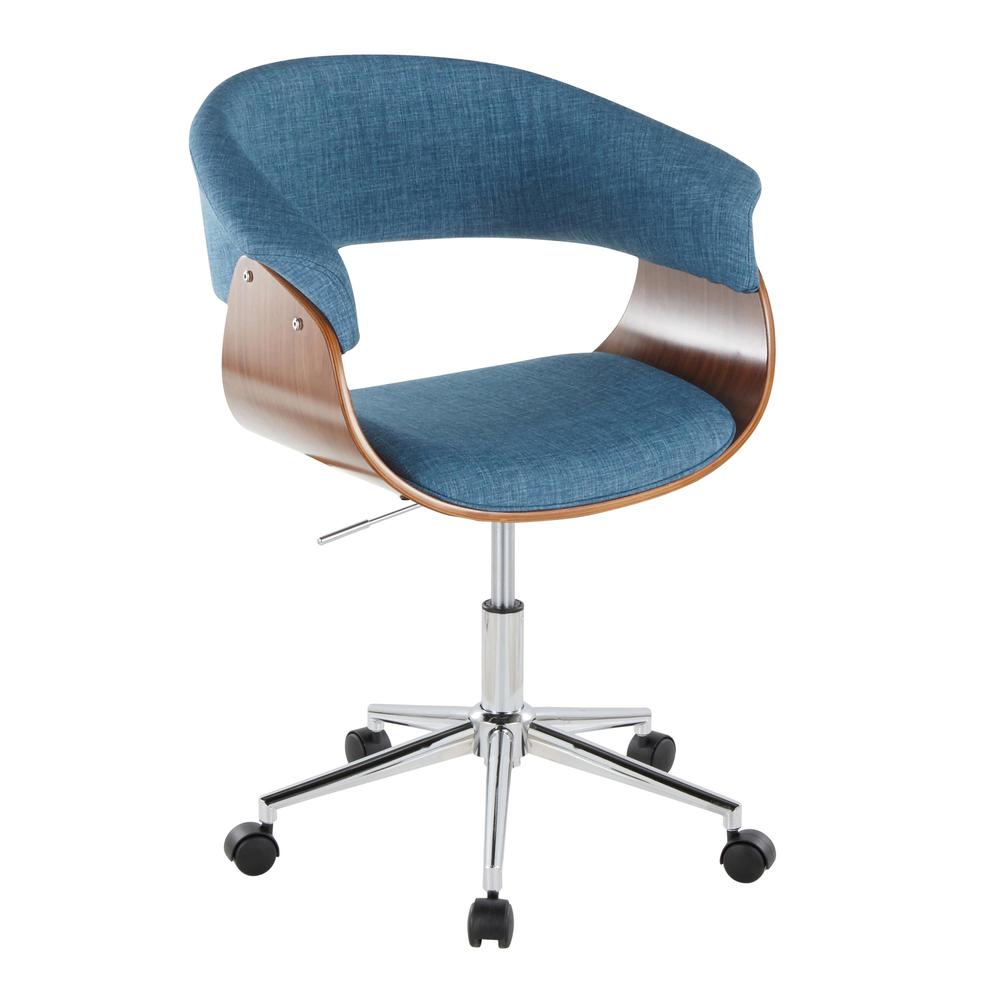 Chrome Metal, Walnut Wood, Blue Fabric Vintage Mod Office Chair