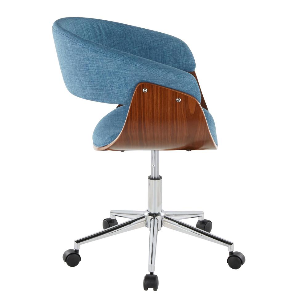 Chrome Metal, Walnut Wood, Blue Fabric Vintage Mod Office Chair