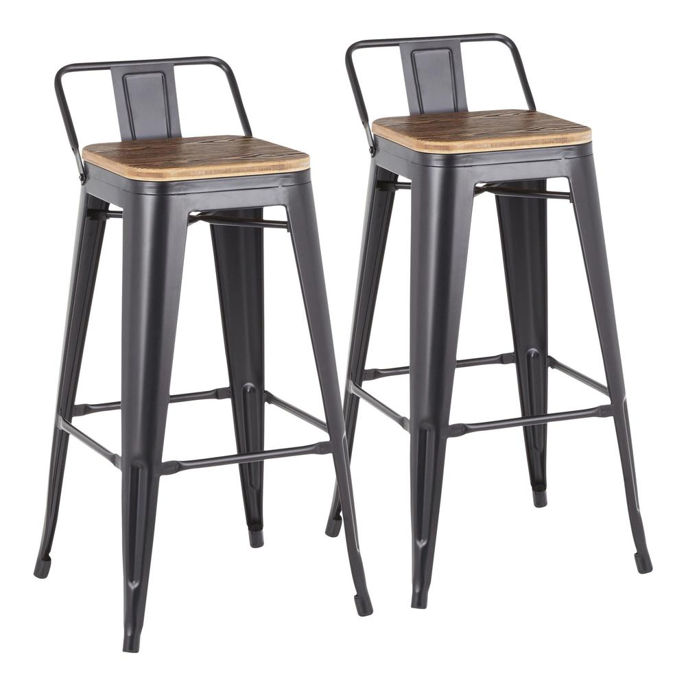 Black Metal, Bamboo Oregon Low Back Barstool - Set of 2