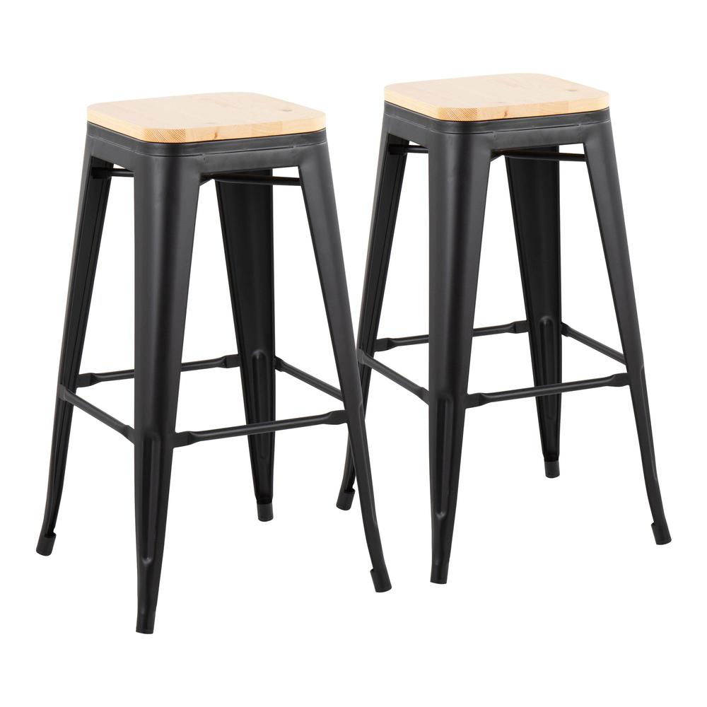 Black Steel, Natural Wood Oregon Barstool - Set of 2