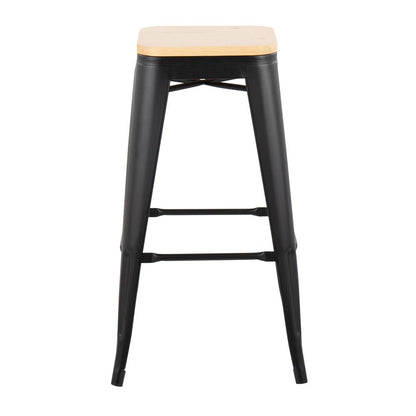 Black Steel, Natural Wood Oregon Barstool - Set of 2