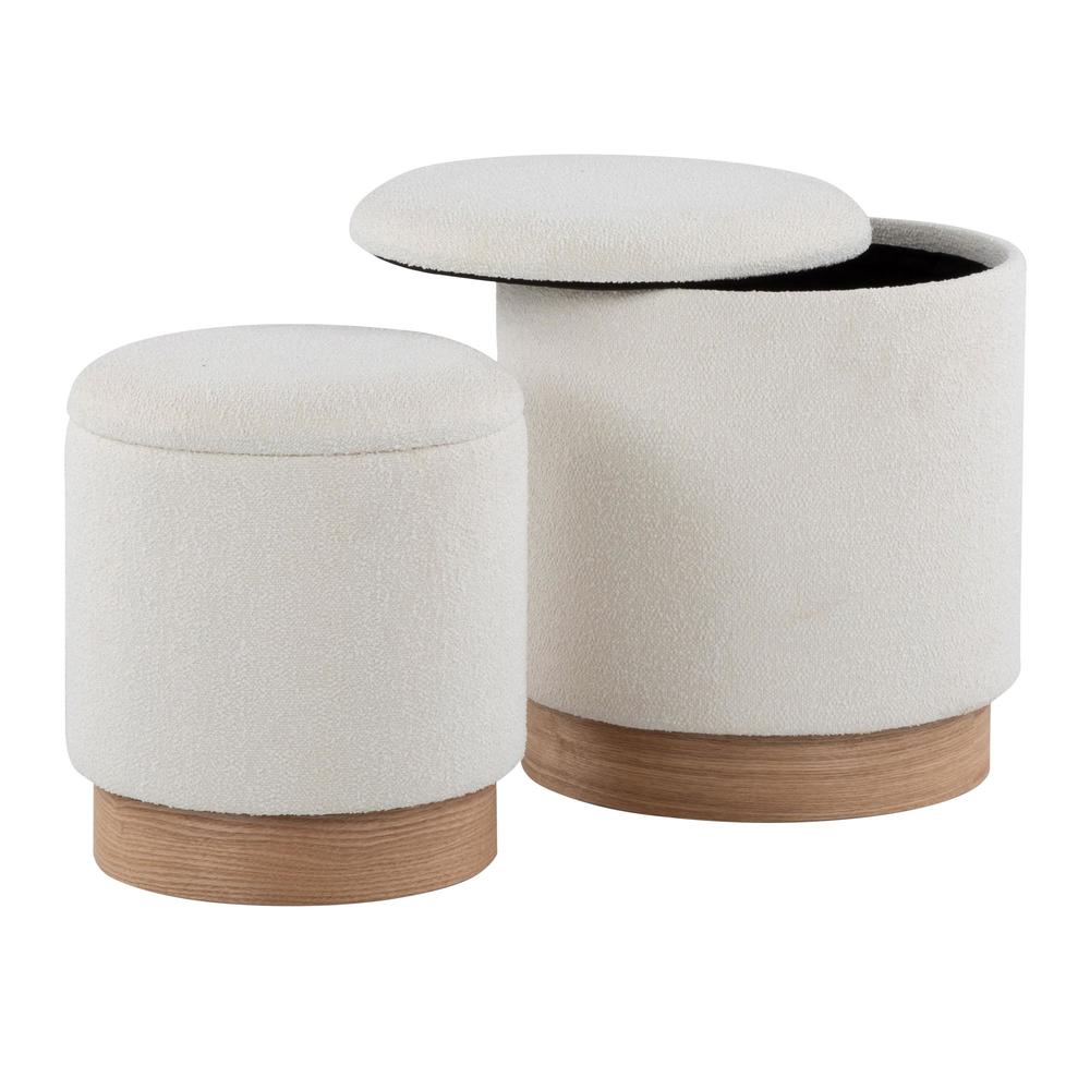 Natural Wood, Cream Fabric Marla Nesting Ottoman Set
