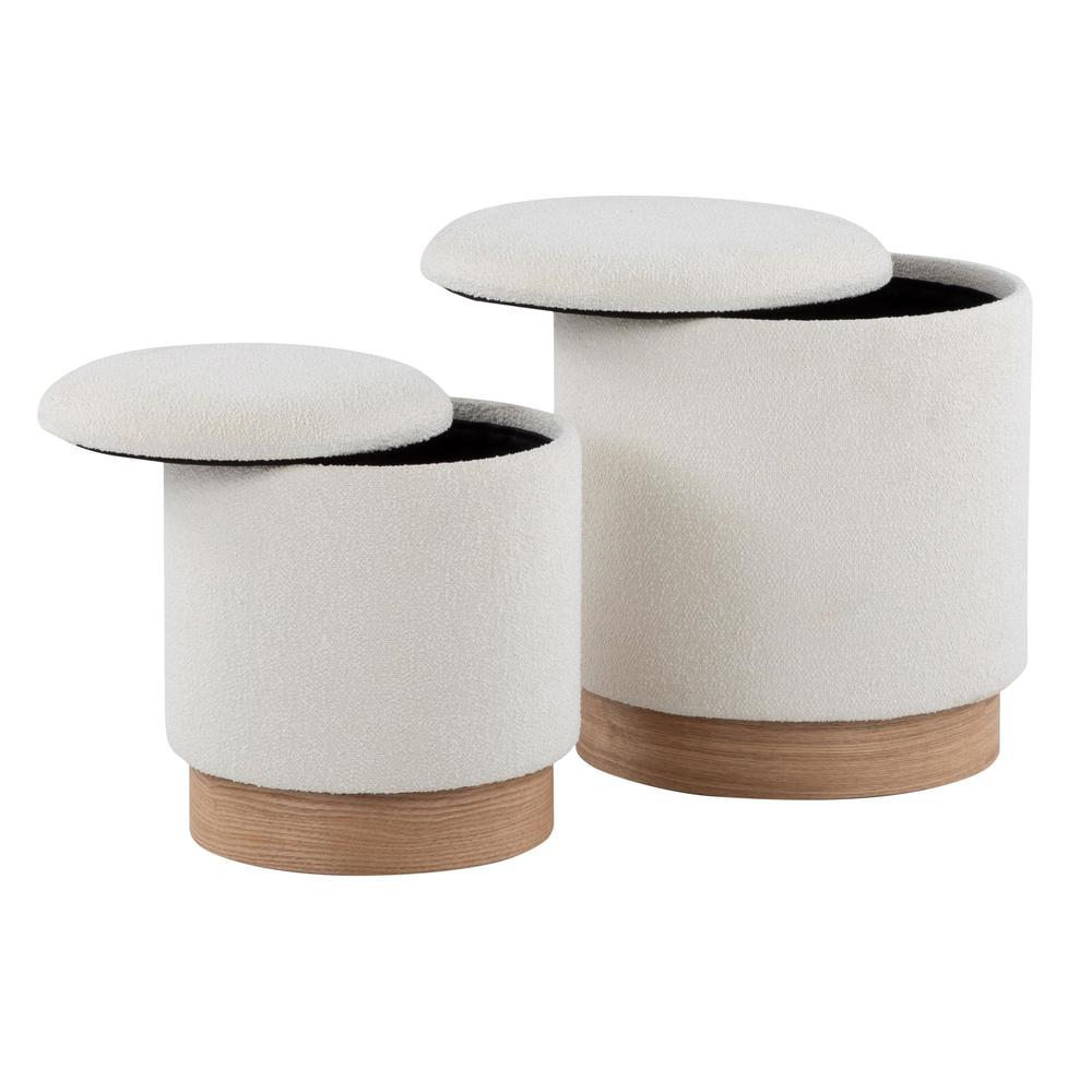 Natural Wood, Cream Fabric Marla Nesting Ottoman Set