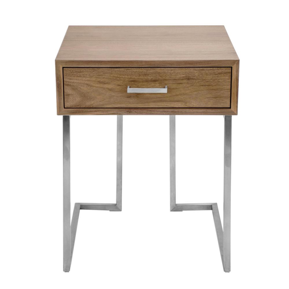 Walnut Wood, Stainless Steel Silver Frame Roman End Table