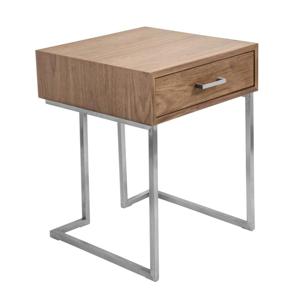 Walnut Wood, Stainless Steel Silver Frame Roman End Table