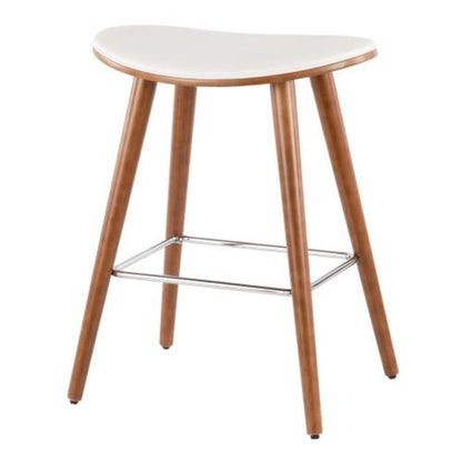 Walnut, White PU, Chrome Saddle Counter Stool - Set of 2
