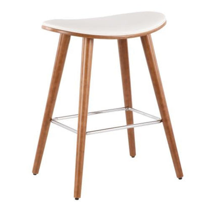 Walnut, White PU, Chrome Saddle Counter Stool - Set of 2