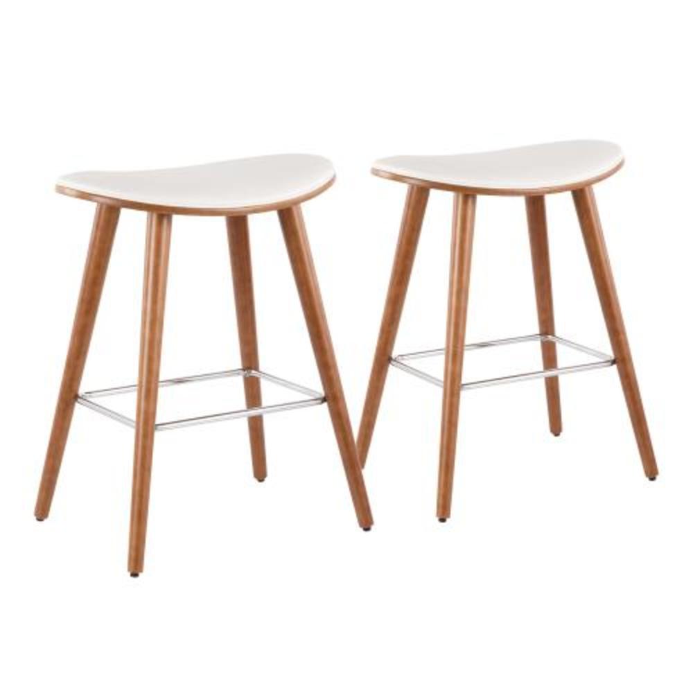 Walnut, White PU, Chrome Saddle Counter Stool - Set of 2