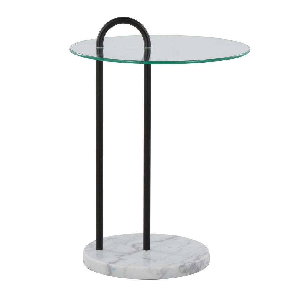 White Marble, Black Metal, Clear Glass Claire Side Table