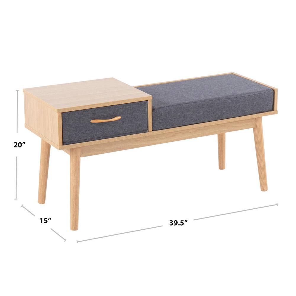 Natural Wood, Grey Fabric Telephone Bench
