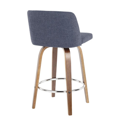 Walnut Wood, Blue Fabric, Chrome Toriano Counter Stool - Set of 2