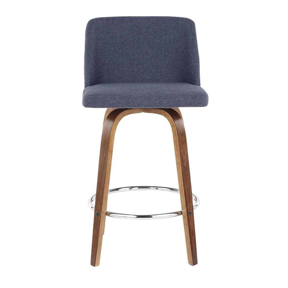Walnut Wood, Blue Fabric, Chrome Toriano Counter Stool - Set of 2