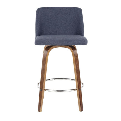 Walnut Wood, Blue Fabric, Chrome Toriano Counter Stool - Set of 2