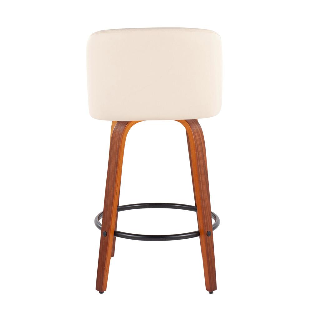 Walnut Wood, Cream PU, Black Steel Toriano Fixed-Height Counter Stool - Set of 2