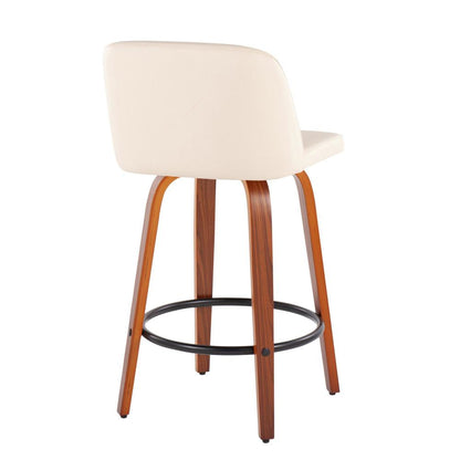 Walnut Wood, Cream PU, Black Steel Toriano Fixed-Height Counter Stool - Set of 2