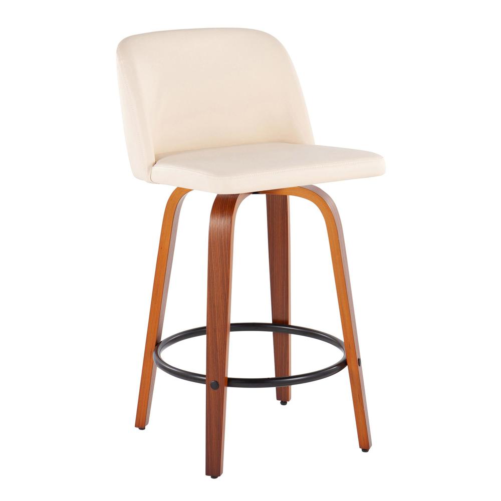 Walnut Wood, Cream PU, Black Steel Toriano Fixed-Height Counter Stool - Set of 2