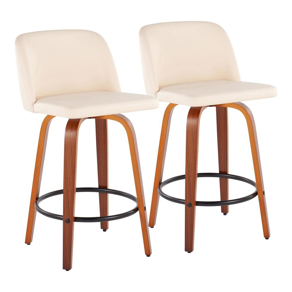 Walnut Wood, Cream PU, Black Steel Toriano Fixed-Height Counter Stool - Set of 2