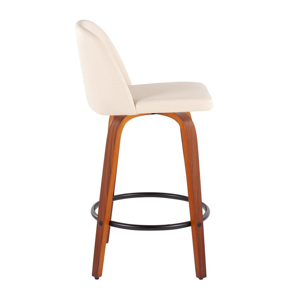 Walnut Wood, Cream PU, Black Steel Toriano Fixed-Height Counter Stool - Set of 2
