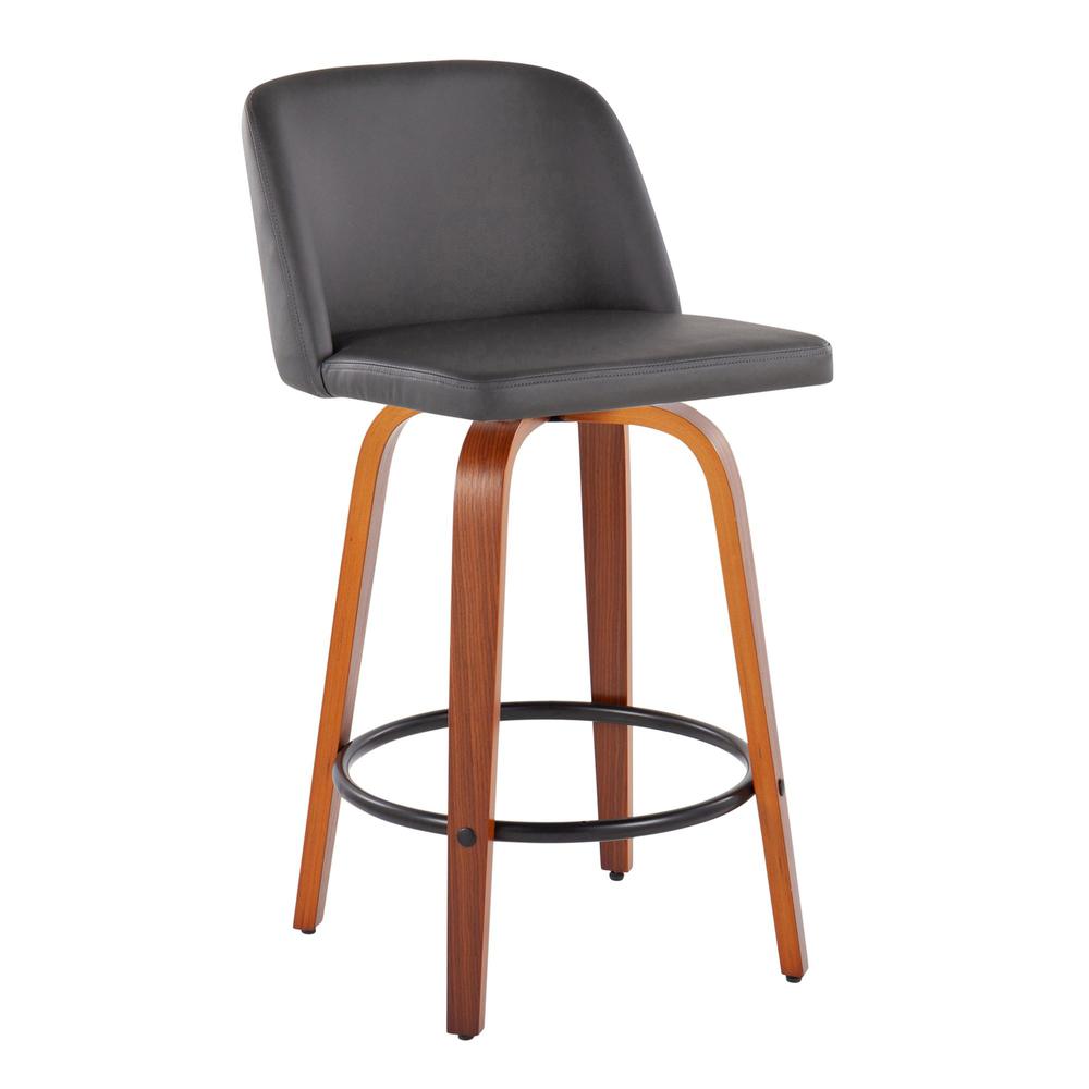 Walnut Wood, Grey PU, Black Steel Toriano Fixed-Height Counter Stool - Set of 2