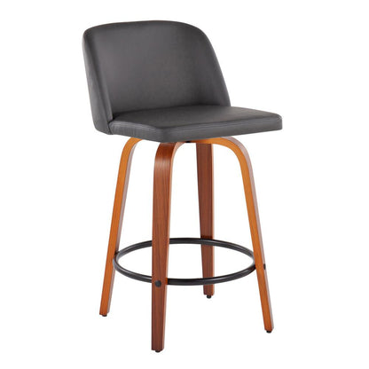 Walnut Wood, Grey PU, Black Steel Toriano Fixed-Height Counter Stool - Set of 2
