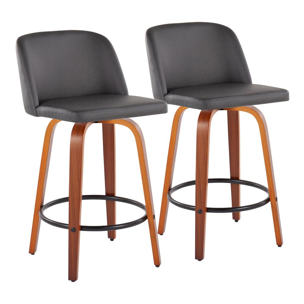 Walnut Wood, Grey PU, Black Steel Toriano Fixed-Height Counter Stool - Set of 2