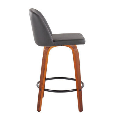 Walnut Wood, Grey PU, Black Steel Toriano Fixed-Height Counter Stool - Set of 2