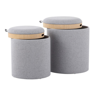 Grey Fabric, Natural Wood Tray Nesting Ottoman Set