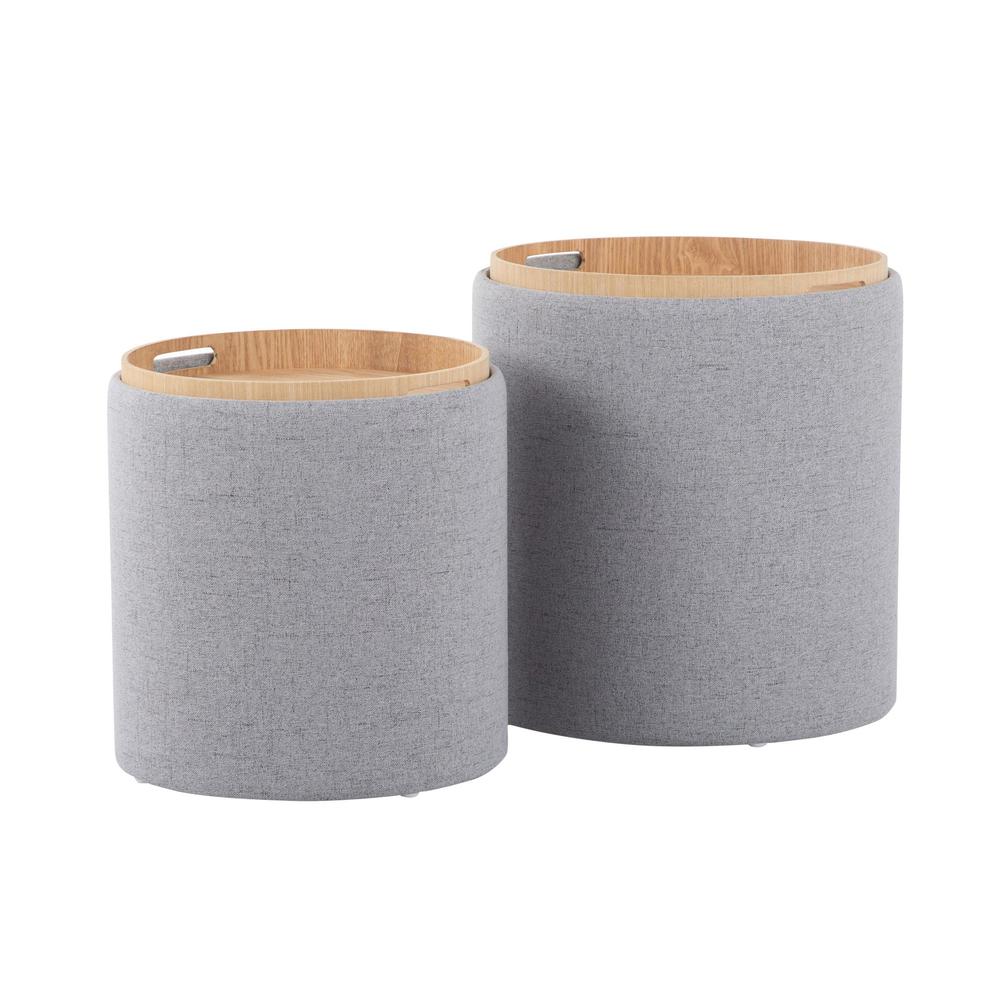 Grey Fabric, Natural Wood Tray Nesting Ottoman Set