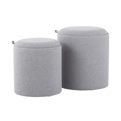 Grey Fabric, Natural Wood Tray Nesting Ottoman Set