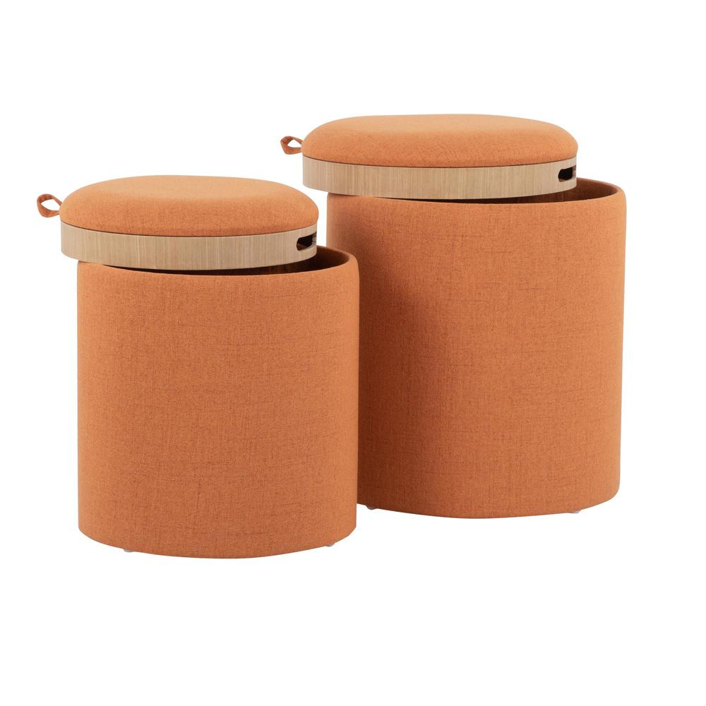 Orange Fabric, Natural Wood Tray Nesting Ottoman Set
