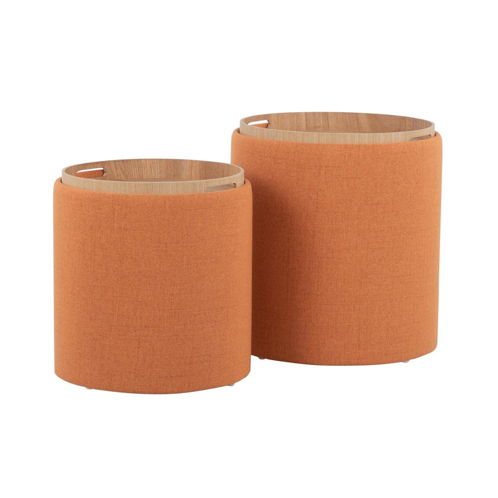Orange Fabric, Natural Wood Tray Nesting Ottoman Set