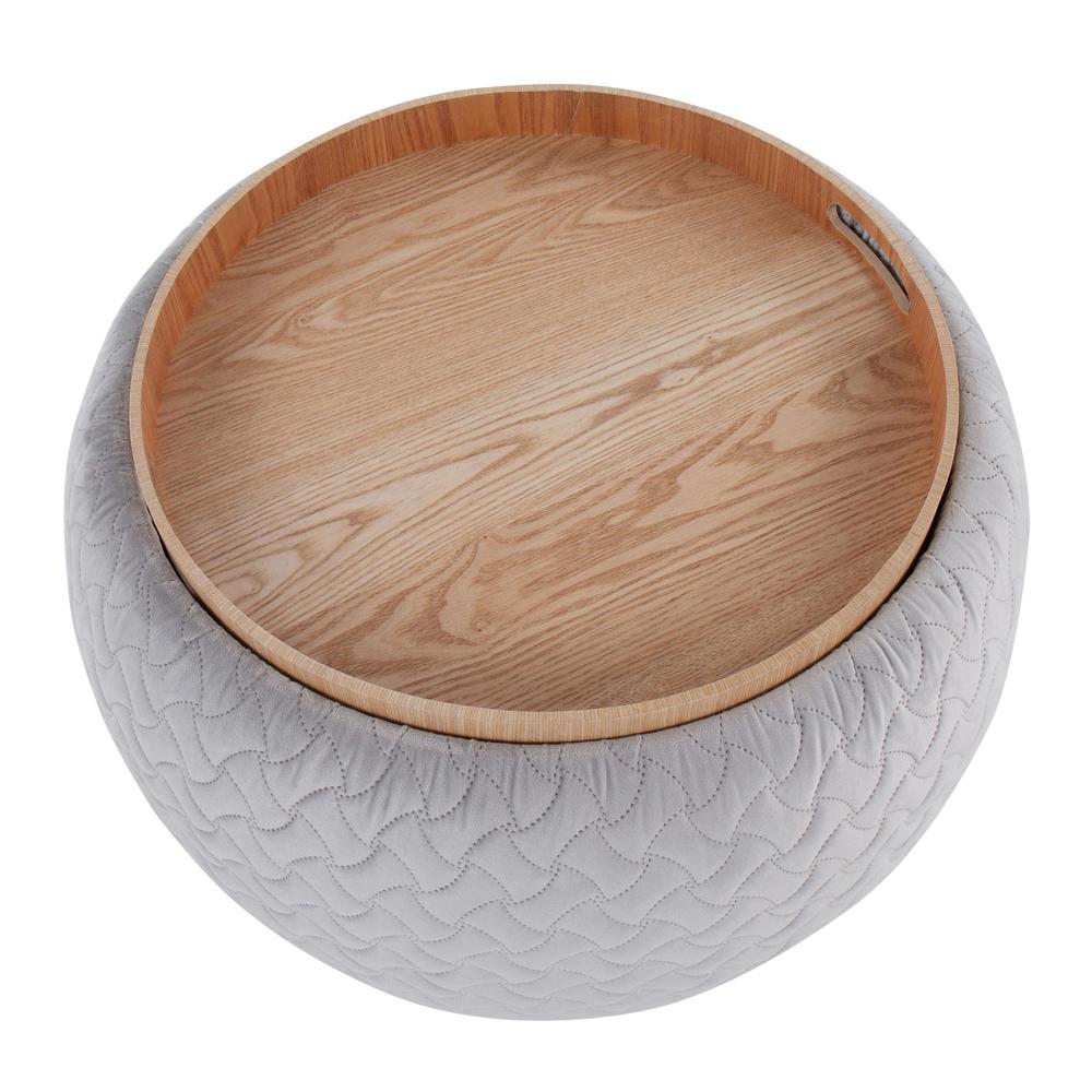 Silver Velvet, Natural Wood Tray Pouf