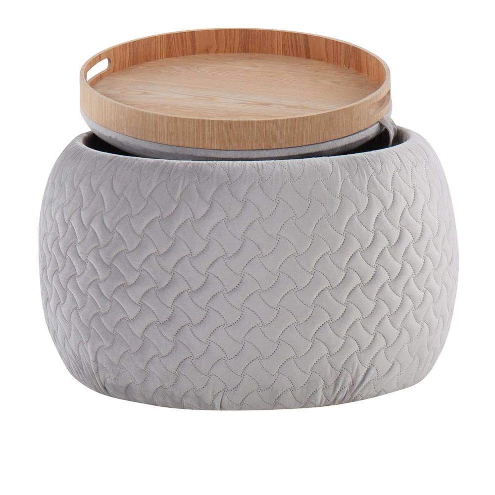 Silver Velvet, Natural Wood Tray Pouf