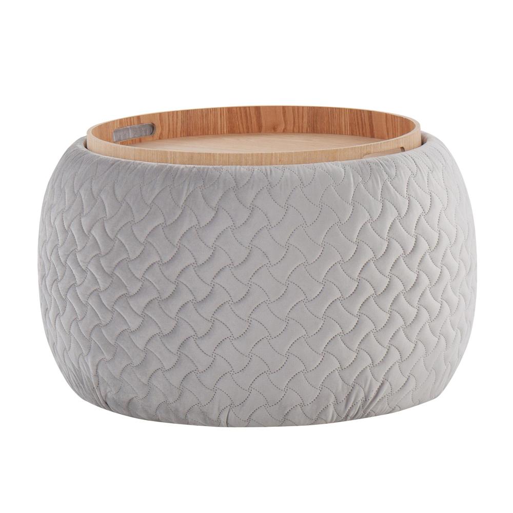 Silver Velvet, Natural Wood Tray Pouf