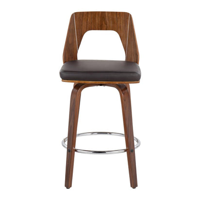 Walnut Wood, Brown PU, Chrome Trilogy 24" Counter Stool - Set of 2