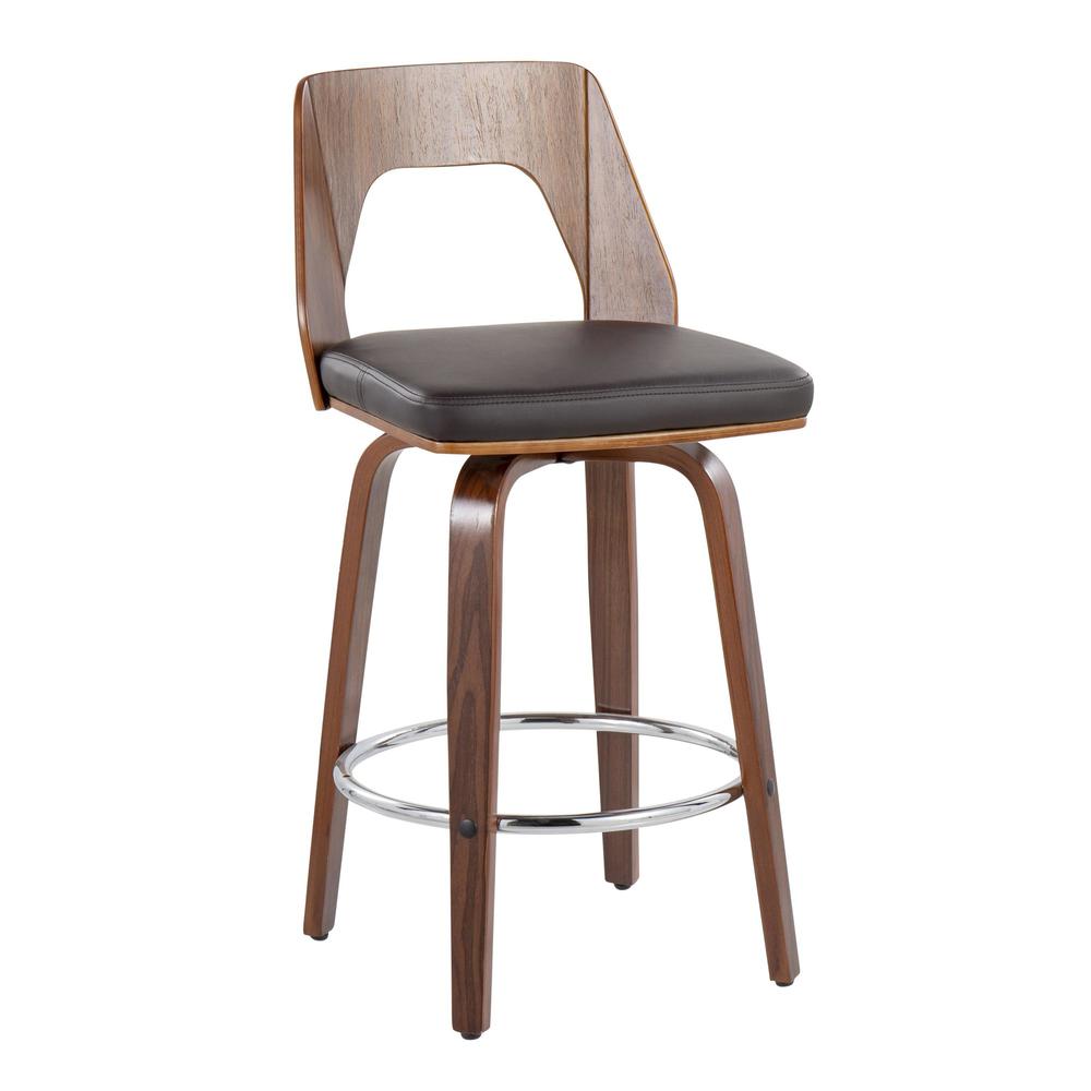 Walnut Wood, Brown PU, Chrome Trilogy 24" Counter Stool - Set of 2