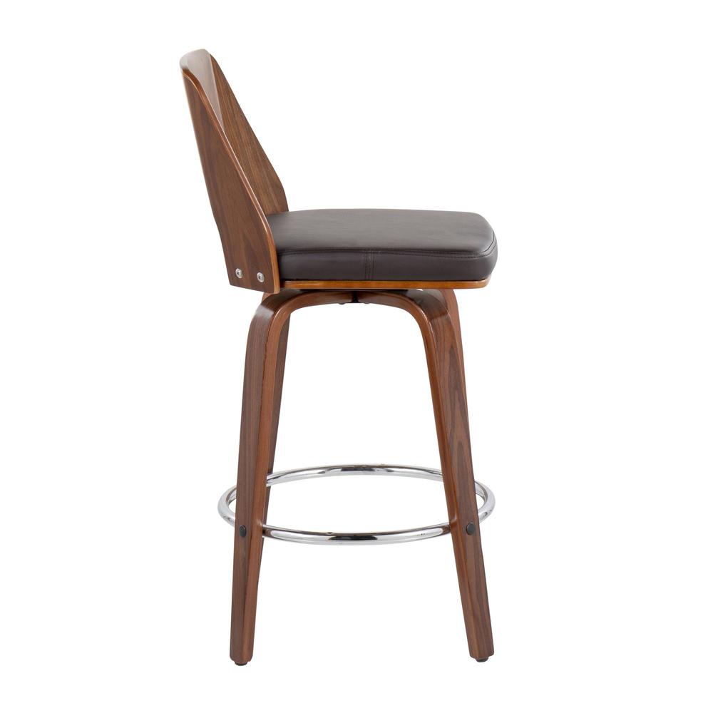 Walnut Wood, Brown PU, Chrome Trilogy 24" Counter Stool - Set of 2
