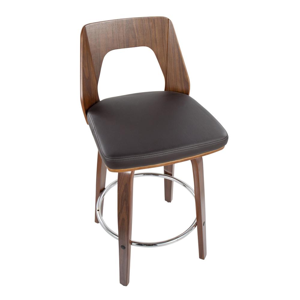 Walnut Wood, Brown PU, Chrome Trilogy 24" Counter Stool - Set of 2