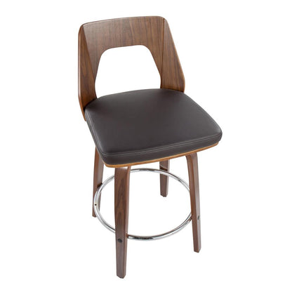 Walnut Wood, Brown PU, Chrome Trilogy 24" Counter Stool - Set of 2