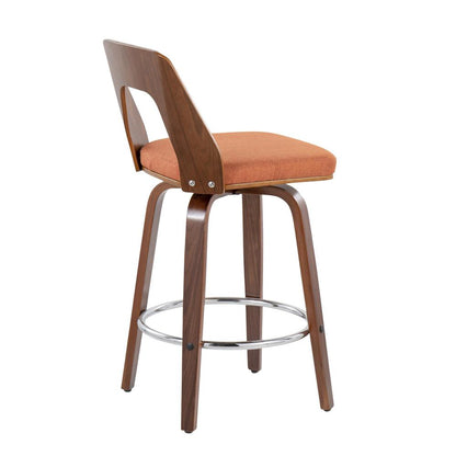 Walnut Wood, Orange Fabric, Chrome Trilogy 24" Counter Stool - Set of 2