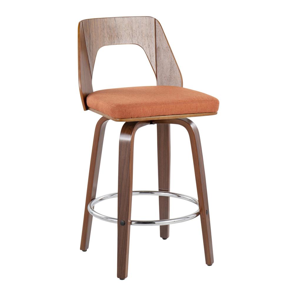 Walnut Wood, Orange Fabric, Chrome Trilogy 24" Counter Stool - Set of 2