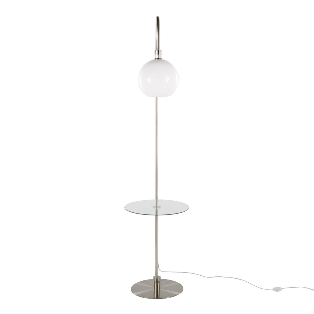 Nickel Metal, Clear Glass, White Plastic Trombone Floor Lamp with Table