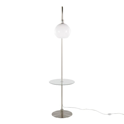 Nickel Metal, Clear Glass, White Plastic Trombone Floor Lamp with Table