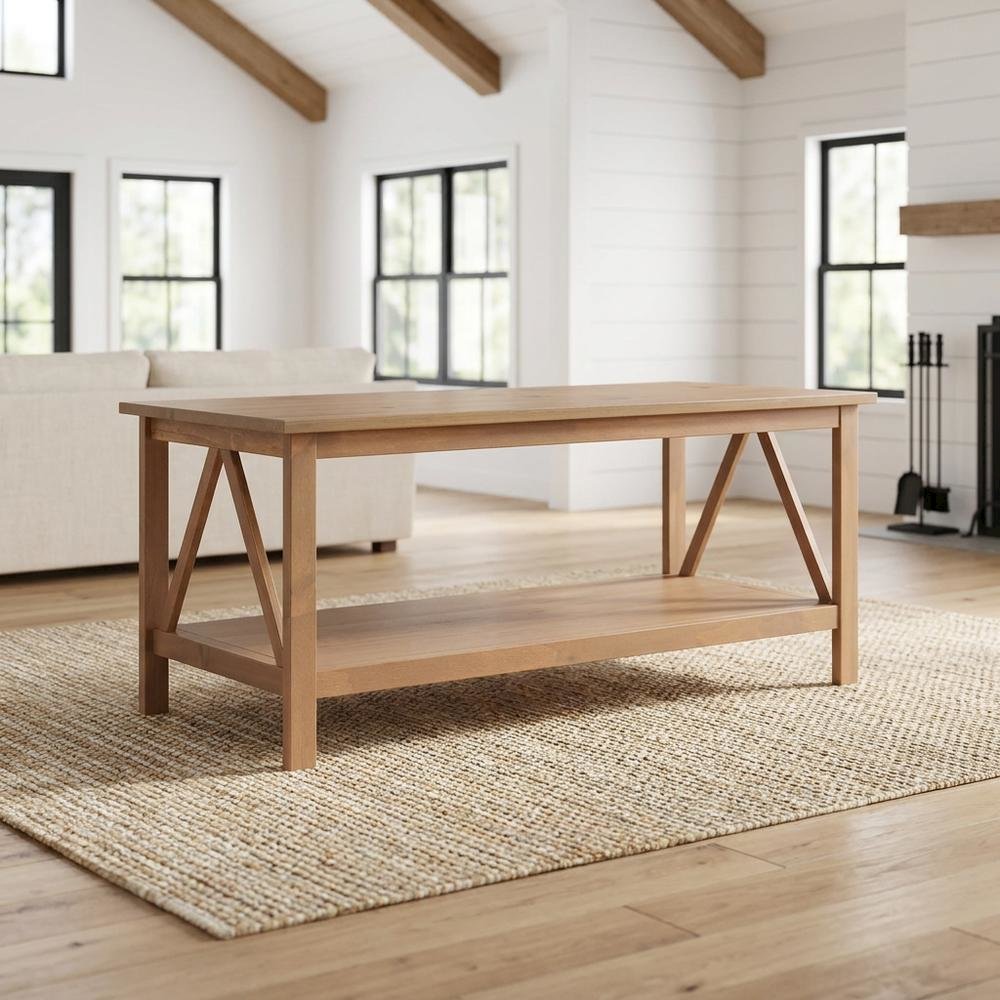 Rustic Driftwood Coffee Table with Solid Wood Finish and Open Storage